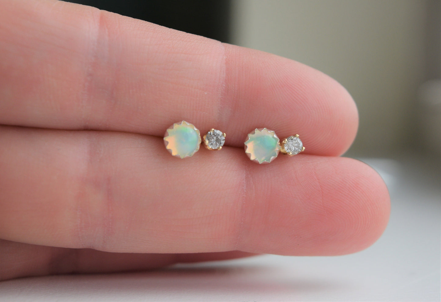 Opal Earrings, Opal Stud Earrings, Natural Opal and Sterling Silver, October Birthstone, Tiny Stud, Second Hole Stud