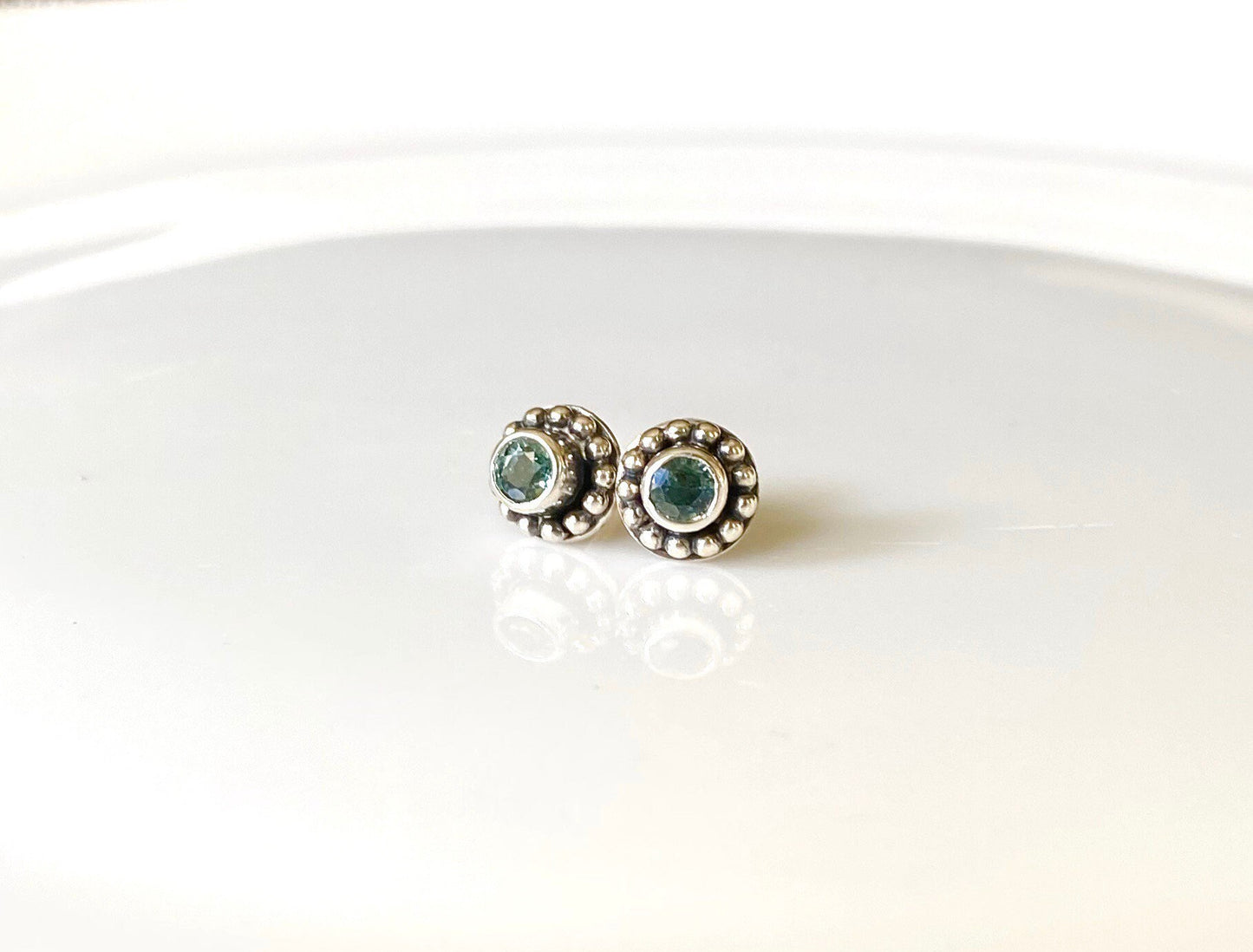 Sapphire Stud Earrings, Sterling Silver Stud Earrings, Green Sapphire Natural Gemstone