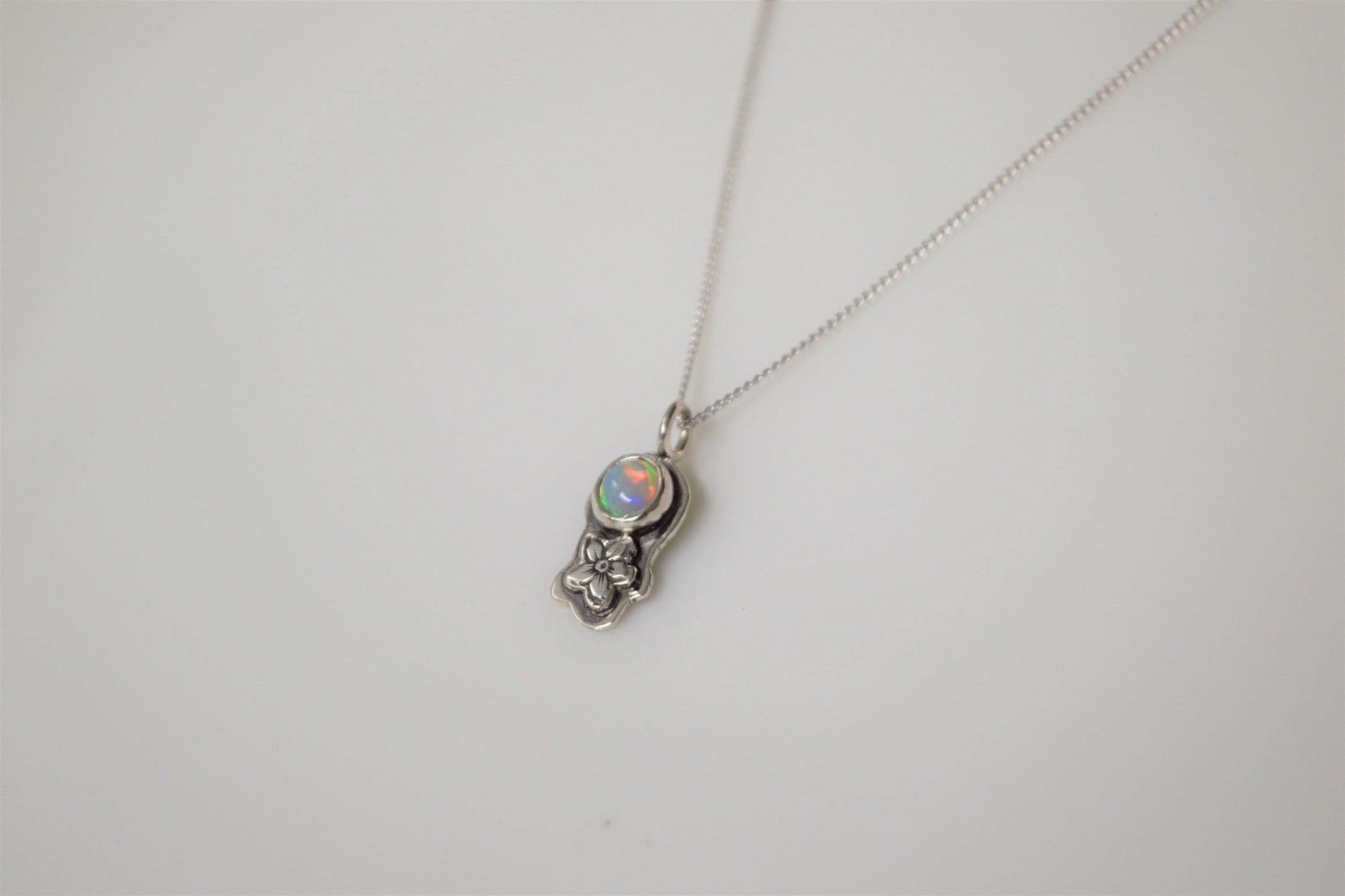 Opal Sterling Silver Necklace, Natural Opal Jewelry, Opal Floral Pendant, Recycled Silver 925