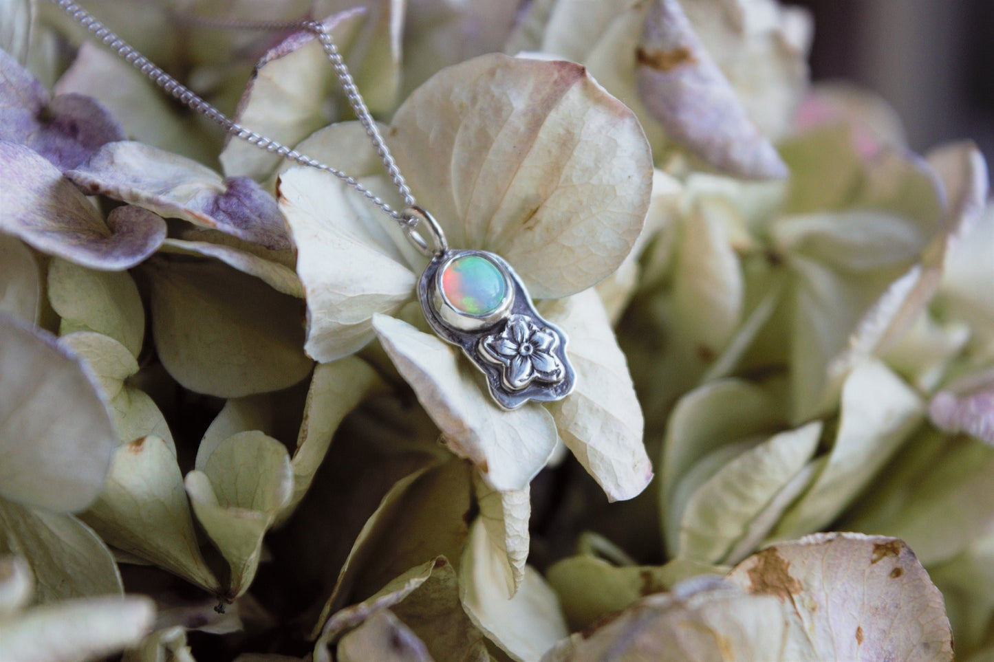 Opal Sterling Silver Necklace, Natural Opal Jewelry, Opal Floral Pendant, Recycled Silver 925